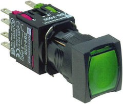 Schneider Electric - 16mm Mount Hole, Flush, Pushbutton Switch with Contact Block - Square, Green Pushbutton, Illuminated, Momentary (MO) - USA Tool & Supply