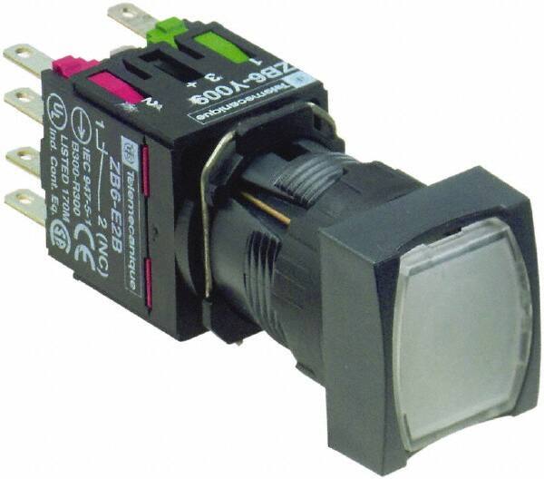 Schneider Electric - 16mm Mount Hole, Flush, Pushbutton Switch with Contact Block - Square, White Pushbutton, Illuminated, Momentary (MO) - USA Tool & Supply