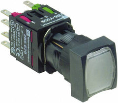 Schneider Electric - 16mm Mount Hole, Flush, Pushbutton Switch with Contact Block - Square, White Pushbutton, Illuminated, Momentary (MO) - USA Tool & Supply