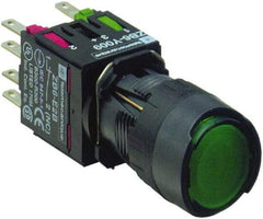 Schneider Electric - 16mm Mount Hole, Flush, Pushbutton Switch with Contact Block - Round, Green Pushbutton, Illuminated, Momentary (MO) - USA Tool & Supply