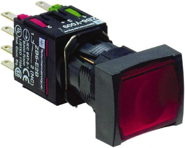 Schneider Electric - 16mm Mount Hole, Flush, Pushbutton Switch with Contact Block - Rectangle, Red Pushbutton, Illuminated, Momentary (MO) - USA Tool & Supply