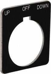 Schneider Electric - Square, Plastic Legend Plate - Up-Off-Down - Black Background, White Letters, 1.22 Inch Hole Diameter, 1-3/4 Inch Square - USA Tool & Supply