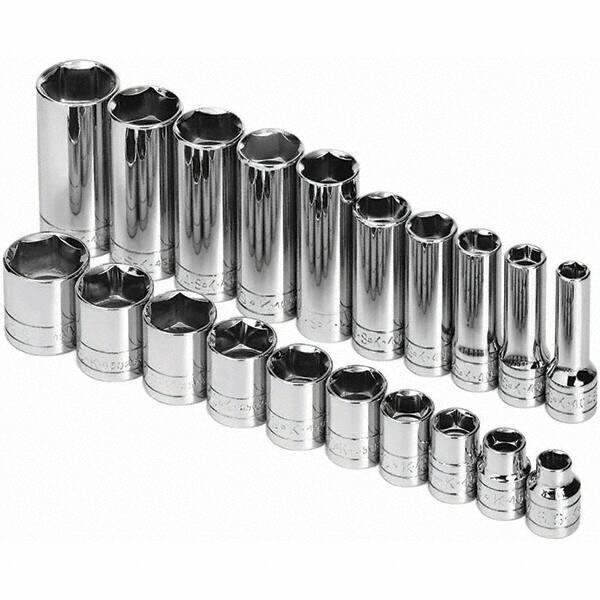 SK - 3/8" Drive Standard Deep Socket Set - 5/16 to 7/8", Inch Measurement Standard - USA Tool & Supply