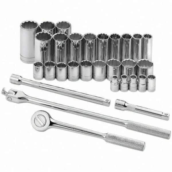 SK - 1/2" Drive Standard Deep Socket Set - 3/8 to 1-1/4", Inch Measurement Standard - USA Tool & Supply