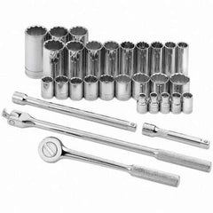 SK - 1/2" Drive Standard Deep Socket Set - 3/8 to 1-1/4", Inch Measurement Standard - USA Tool & Supply