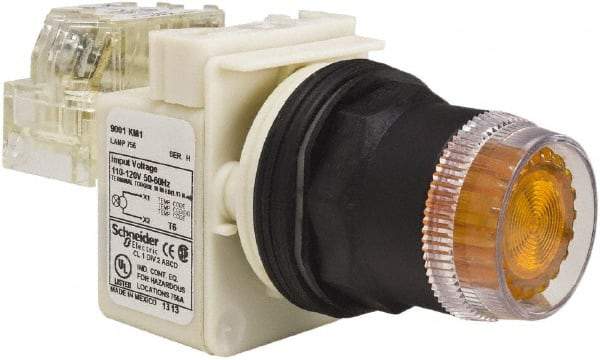 Schneider Electric - 30mm Mount Hole, Extended Straight, Pushbutton Switch with Contact Block - Amber Pushbutton, Momentary (MO) - USA Tool & Supply