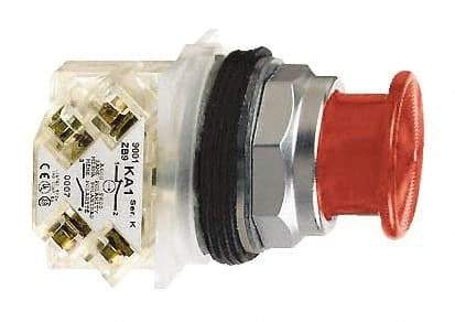Schneider Electric - 30mm Mount Hole, Extended Mushroom Head, Pushbutton Switch with Contact Block - Round, Red Pushbutton, Momentary (MO) - USA Tool & Supply