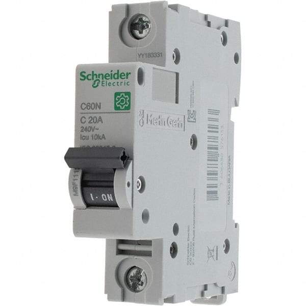 Schneider Electric - 20 Amp, 440 VAC, 1 Pole, DIN Rail Mounted Miniature Circuit Breaker - Magnetic Trip, Multiple Breaking Capacity Ratings, 18-4 AWG, 76mm Deep x 81mm High x 18mm Wide - USA Tool & Supply