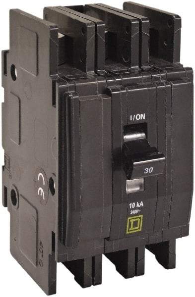 Square D - 10 Amp, 240 VAC, 3 Pole, DIN Rail Mounted, Flush Mount, Surface Mount Miniature Circuit Breaker - Thermal Magnetic Trip, 10 kA at 120/240 VAC Breaking Capacity, 14-2 (Aluminum), 14-2 (Copper) AWG, 74mm Deep x 103mm High x 19mm Wide - USA Tool & Supply