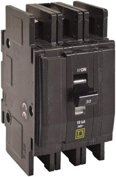 Square D - 30 Amp, 240 VAC, 3 Pole, DIN Rail Mounted, Flush Mount, Surface Mount Miniature Circuit Breaker - Thermal Magnetic Trip, 10 kA at 120/240 VAC Breaking Capacity, 14-2 (Aluminum), 14-2 (Copper) AWG, 74mm Deep x 103mm High x 19mm Wide - USA Tool & Supply
