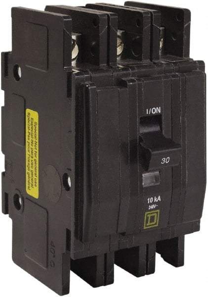 Square D - 40 Amp, 240 VAC, 3 Pole, DIN Rail Mounted, Flush Mount, Surface Mount Miniature Circuit Breaker - Thermal Magnetic Trip, 10 kA at 120/240 VAC Breaking Capacity, 14-2 (Aluminum), 14-2 (Copper) AWG, 74mm Deep x 103mm High x 57mm Wide - USA Tool & Supply