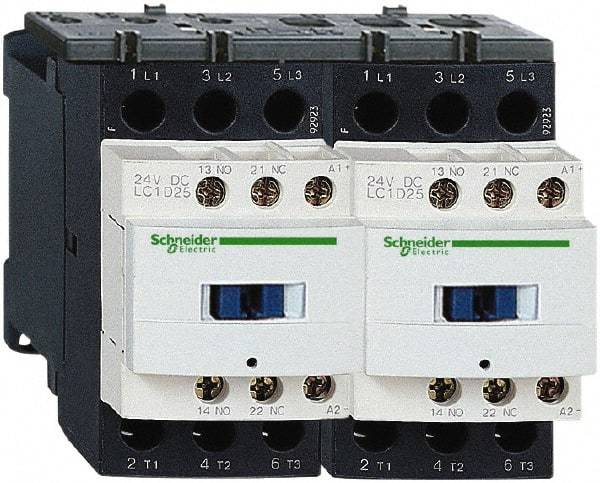 Schneider Electric - 3 Pole, 24 Coil VDC, 9 Amp at 440 VAC, Reversible IEC Contactor - 1 Phase hp: 0.5 at 115 VAC, 1 at 230/240 VAC, 3 Phase hp: 2 at 200/208 VAC, 2 at 230/240 VAC, 5 at 460/480 VAC, 7.5 at 575/600 VAC - USA Tool & Supply