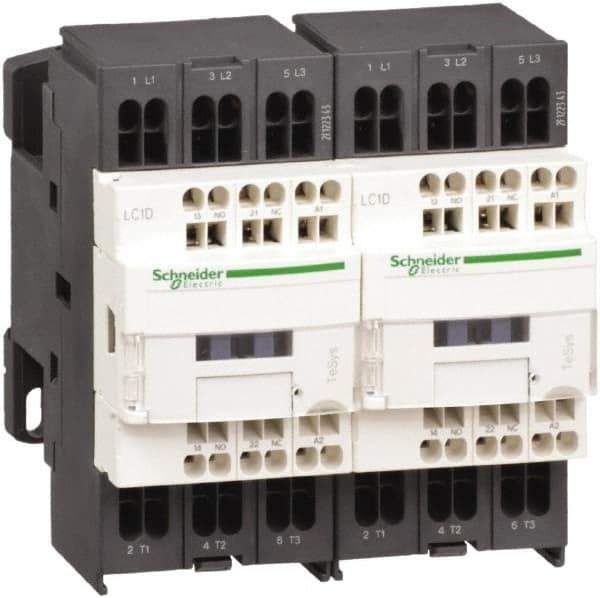 Schneider Electric - 3 Pole, 24 Coil VDC, 9 Amp at 440 VAC, Reversible IEC Contactor - 1 Phase hp: 0.5 at 115 VAC, 1 at 230/240 VAC, 3 Phase hp: 2 at 200/208 VAC, 2 at 230/240 VAC, 5 at 460/480 VAC, 7.5 at 575/600 VAC - USA Tool & Supply