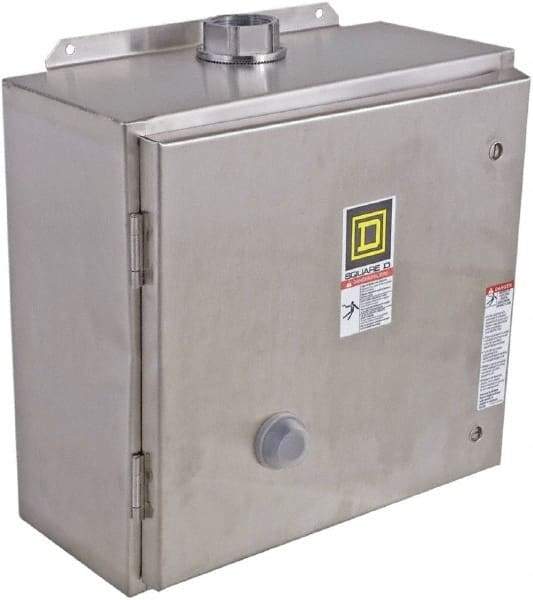 Square D - 208 Coil VAC at 60 Hz, 45 Amp, NEMA Size 2, Reversible Enclosed Enclosure NEMA Motor Starter - 3 Phase hp: 10 at 200 VAC, 15 at 230 VAC, 25 at 460 VAC, 25 at 575 VAC, 4x Enclosure Rating - USA Tool & Supply