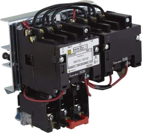 Square D - 220 Coil VAC at 50 Hz, 240 Coil VAC at 60 Hz, 27 Amp, NEMA Size 1, Reversible Open Enclosure NEMA Motor Starter - 1 Phase hp: 2 at 115 VAC, 3 at 230 VAC - USA Tool & Supply