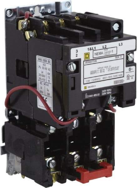 Square D - 208 Coil VAC at 60 Hz, 27 Amp, NEMA Size 1, Nonreversible Open Enclosure NEMA Motor Starter - 3 Phase hp: 10 at 460 VAC, 10 at 575 VAC, 7-1/2 at 200 VAC, 7-1/2 at 230 VAC - USA Tool & Supply