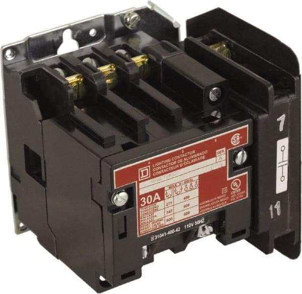 Square D - No Enclosure, 4 Pole, Electrically Held Lighting Contactor - 30 A (Tungsten), 208 VAC at 60 Hz - USA Tool & Supply