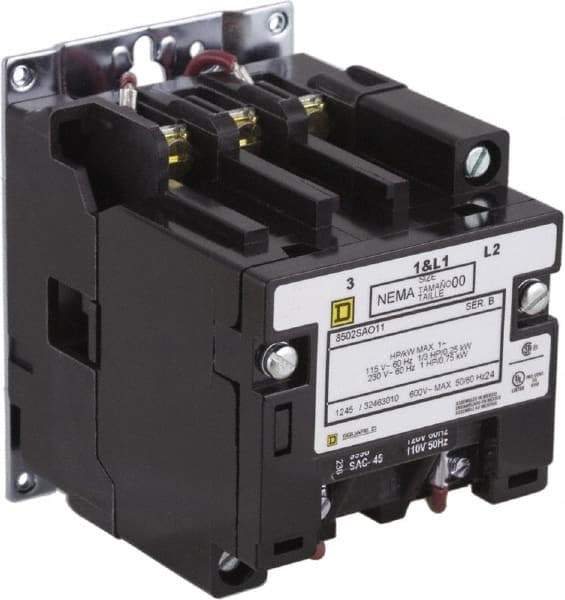 Square D - 2 Pole, 220 Coil VAC at 50 Hz, 240 Coil VAC at 60 Hz, 9 Amp NEMA Contactor - Open Enclosure, 50 Hz at 220 VAC and 60 Hz at 240 VAC - USA Tool & Supply