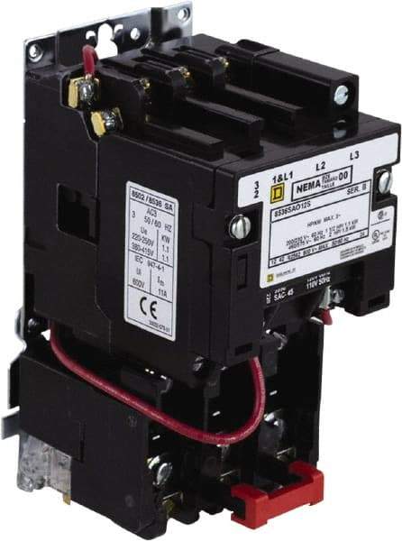 Square D - 440 Coil VAC at 50 Hz, 480 Coil VAC at 60 Hz, 9 Amp, Nonreversible Open Enclosure NEMA Motor Starter - 3 Phase hp: 1-1/2 at 200 VAC, 1-1/2 at 230 VAC, 2 at 460 VAC, 2 at 575 VAC - USA Tool & Supply