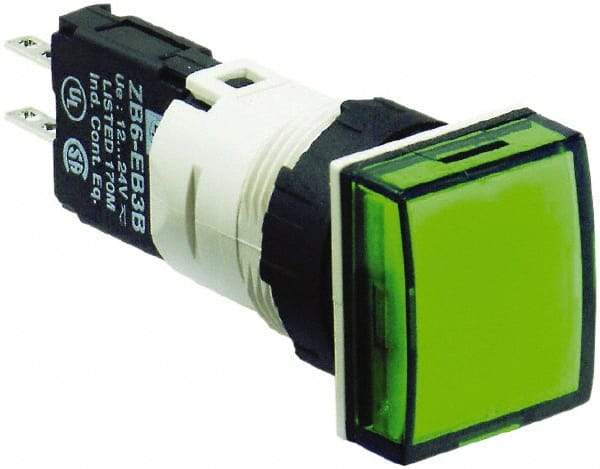Schneider Electric - 12-24 VAC/VDC Green Lens LED Pilot Light - Square Lens, Quick Connect Connector, 18mm Wide, Vibration Resistant - USA Tool & Supply