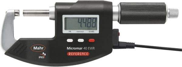 Mahr - 0 to 1" Range, 0.00005" Resolution, Standard Throat IP65 Electronic Outside Micrometer - Ratchet Stop Thimble, Carbide-Tipped Face, CR2032 Battery - USA Tool & Supply