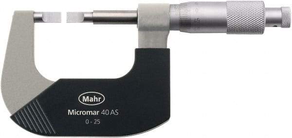Mahr - 1" to 2" Mechanical Satin Chrome Coated Blade Micrometer - 0.0001" Graduation, 0.031" Blade Thickness, Ratchet Thimble, Rotating Spindle - USA Tool & Supply