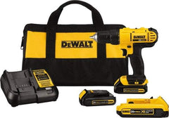 DeWALT - 20 Volt 1/2" Chuck Mid-Handle Cordless Drill - 0-450 & 0-1500 RPM, Single-Sleeve Ratcheting Chuck, Reversible, 3 Lithium-Ion Batteries Included - USA Tool & Supply