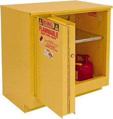 Securall Cabinets - 2 Door, 1 Shelf, Yellow Steel Under the Counter Safety Cabinet for Flammable and Combustible Liquids - 35-5/8" High x 35" Wide x 22" Deep, Sliding Door, 3 Point Key Lock, 24 Gal Capacity - USA Tool & Supply