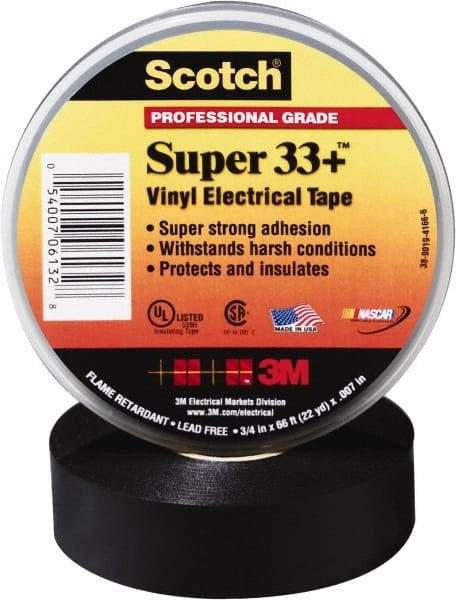 3M - 1" x 110', Black Vinyl Electrical Tape - Series 33+, 7 mil Thick, 1,150 V/mil Dielectric Strength, 15 Lb./Inch Tensile Strength - USA Tool & Supply