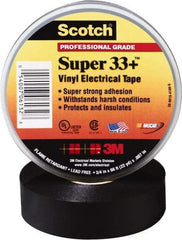 3M - 3/4" x 52', Black Vinyl Electrical Tape - Series 33+, 7 mil Thick, 1,150 V/mil Dielectric Strength, 15 Lb./Inch Tensile Strength - USA Tool & Supply