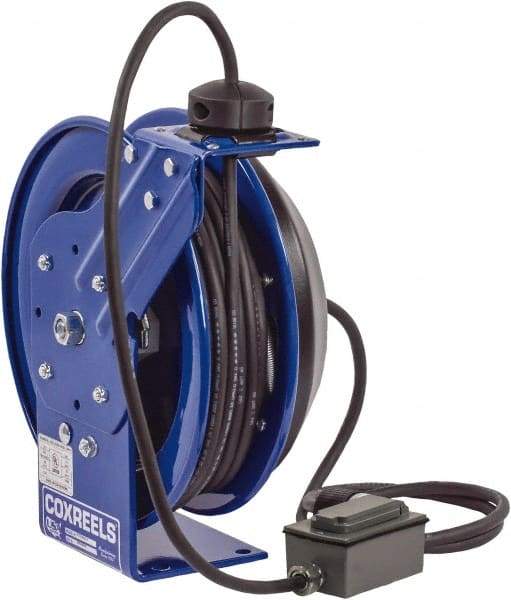 CoxReels - 12 AWG, 50' Cable Length, Cord & Cable Reel with Duplex GFCI Outlet Box End - 2 Outlets, NEMA 5-20R, 20 Amps, 115 Volts, SJO Cable, Blue Reel, Spring Driven Reel - USA Tool & Supply