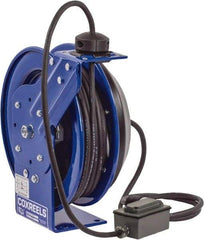 CoxReels - 12 AWG, 35' Cable Length, Cord & Cable Reel with Duplex GFCI Outlet Box End - 2 Outlets, NEMA 5-20R, 20 Amps, 115 Volts, SJO Cable, Blue Reel, Spring Driven Reel - USA Tool & Supply