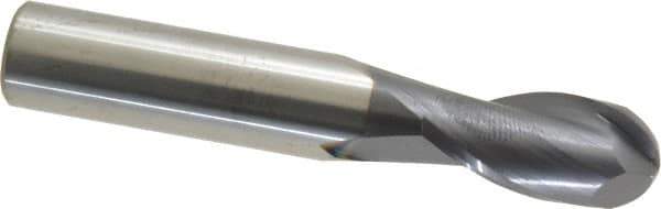SGS - 1/2" Diam, 1" LOC, 2 Flute Solid Carbide Ball End Mill - AlTiN Finish, Single End, 3" OAL, 1/2" Shank Diam, Spiral Flute - USA Tool & Supply