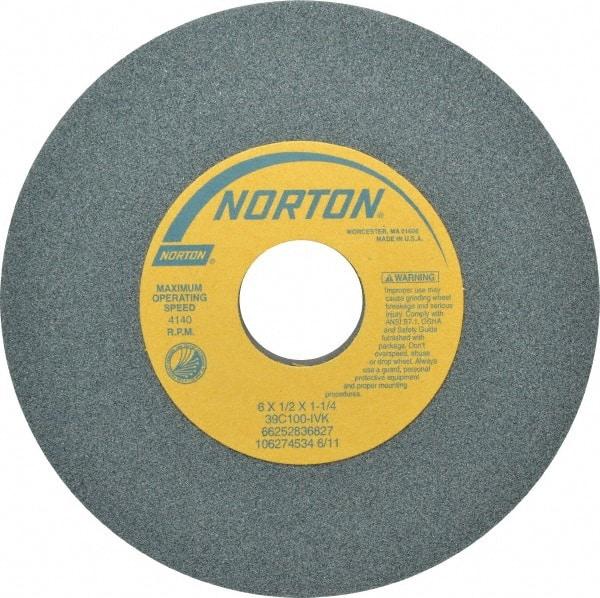 Norton - 6" Diam x 1-1/4" Hole x 1/2" Thick, I Hardness, 100 Grit Surface Grinding Wheel - Silicon Carbide, Type 1, Fine Grade, 4,140 Max RPM, Vitrified Bond, No Recess - USA Tool & Supply