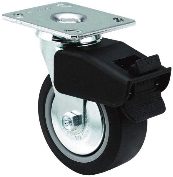 E.R. Wagner - 6" Diam x 2" Wide x 7-1/2" OAH Top Plate Mount Swivel Caster with Brake - TPR, 400 Lb Capacity, Roller Bearing, 4 x 4-1/2" Plate - USA Tool & Supply