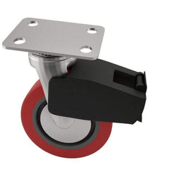 E.R. Wagner - 4" Diam x 2" Wide x 5-5/8" OAH Top Plate Mount Swivel Caster with Brake - Polyurethane, 600 Lb Capacity, Roller Bearing, 2-3/4 x 3-3/4" Plate - USA Tool & Supply