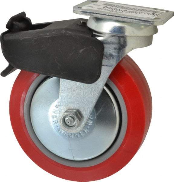 E.R. Wagner - 6" Diam x 2" Wide x 7-1/2" OAH Top Plate Mount Swivel Caster with Brake - Polyurethane, 700 Lb Capacity, Roller Bearing, 2-3/4 x 3-3/4" Plate - USA Tool & Supply