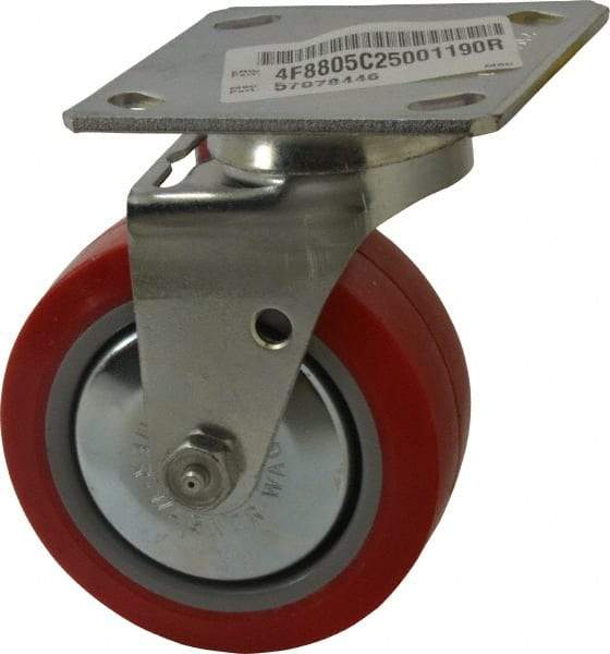 E.R. Wagner - 5" Diam x 2" Wide x 6-1/2" OAH Top Plate Mount Swivel Caster - Polyurethane, 650 Lb Capacity, Roller Bearing, 4 x 4-1/2" Plate - USA Tool & Supply