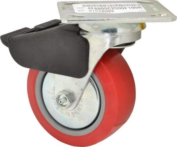 E.R. Wagner - 5" Diam x 2" Wide x 6-1/2" OAH Top Plate Mount Swivel Caster with Brake - Polyurethane, 650 Lb Capacity, Roller Bearing, 4 x 4-1/2" Plate - USA Tool & Supply