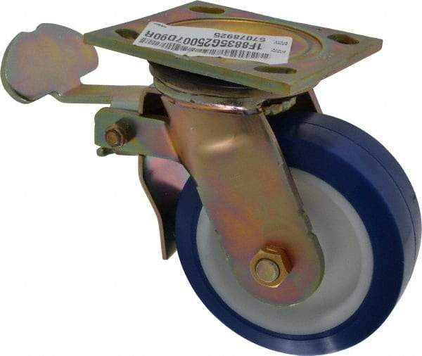 E.R. Wagner - 5" Diam x 2" Wide x 6-1/2" OAH Top Plate Mount Swivel Caster with Brake - Polyurethane, 750 Lb Capacity, Delrin Bearing, 4 x 4-1/2" Plate - USA Tool & Supply