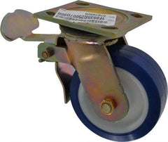 E.R. Wagner - 5" Diam x 2" Wide x 6-1/2" OAH Top Plate Mount Swivel Caster with Brake - Polyurethane, 750 Lb Capacity, Delrin Bearing, 4 x 4-1/2" Plate - USA Tool & Supply