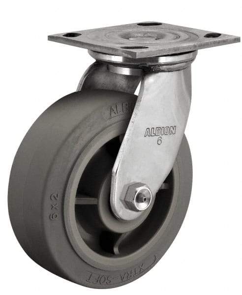Albion - 8" Diam x 2" Wide x 9-1/2" OAH Top Plate Mount Swivel Caster - Soft Rubber, 500 Lb Capacity, Delrin Bearing, 4 x 4-1/2" Plate - USA Tool & Supply