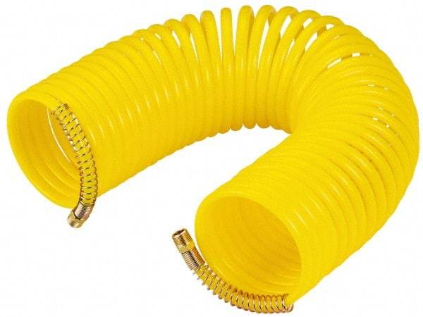 Value Collection - 3/8" ID, 3/8 Thread, 50' Long, Yellow Nylon Coiled & Self Storing Hose - Swivel Both Ends - USA Tool & Supply