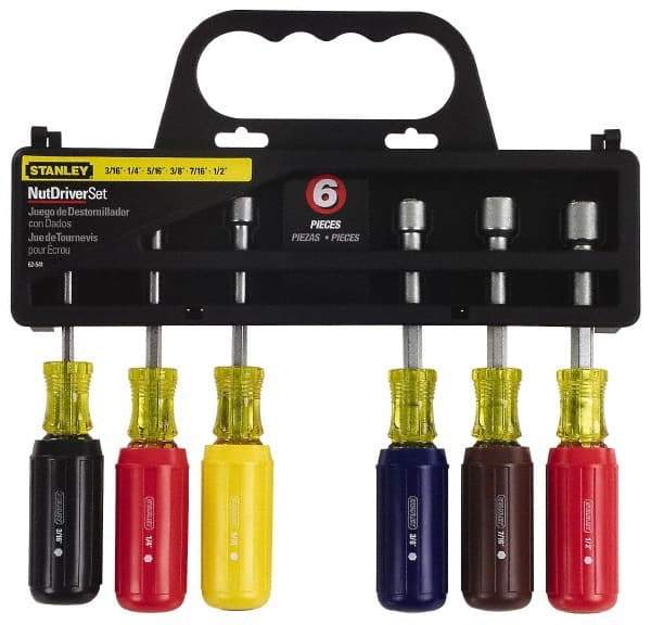 Stanley - 6 Piece 3/16 to 1/2" Nutdriver Set - Solid Shaft, Ergonomic Handle - USA Tool & Supply