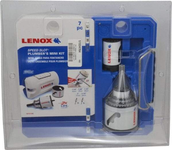 Lenox - 7 Piece, 1-1/4" to 2-1/2" Saw Diam, Plumber's Hole Saw Kit - Bi-Metal, Toothed Edge, Includes 5 Hole Saws - USA Tool & Supply