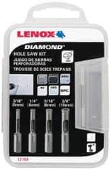 Lenox - 4 Piece, 3/16" to 3/8" Saw Diam, General Purpose Hole Saw Kit - Diamond Grit, Toothed Edge, Includes 4 Hole Saws - USA Tool & Supply