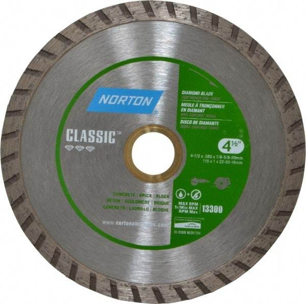 Norton - 4-1/2" Diam, 5/8 & 7/8" Arbor Hole Diam, Wet & Dry Cut Saw Blade - Diamond-Tipped, Standard Round Arbor - USA Tool & Supply