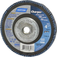 Norton - 40 Grit, 7" Disc Diam, 5/8-11 Center Hole, Type 27 Zirconia Alumina Flap Disc - 8,600 Max RPM, Fiberglass Backing, Arbor Attaching System, Coated - USA Tool & Supply
