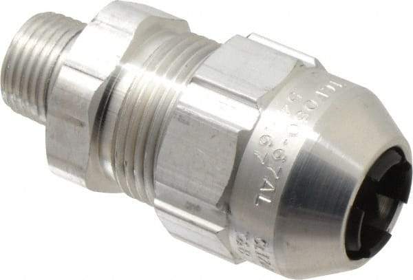 Thomas & Betts - 0.54 to 0.67" Cable Capacity, Class 1, Gas & Vapor Environments, Straight Strain Relief Cord Grip - 1/2 NPT Thread, Aluminum - USA Tool & Supply