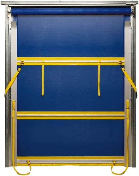 TMI, LLC - 10' Door Width x 10' Door Height PVC Mesh Bug Screen & Spring Loaded Manuel (Style) Roll Up Dock Screen - Blue/Yellow - USA Tool & Supply